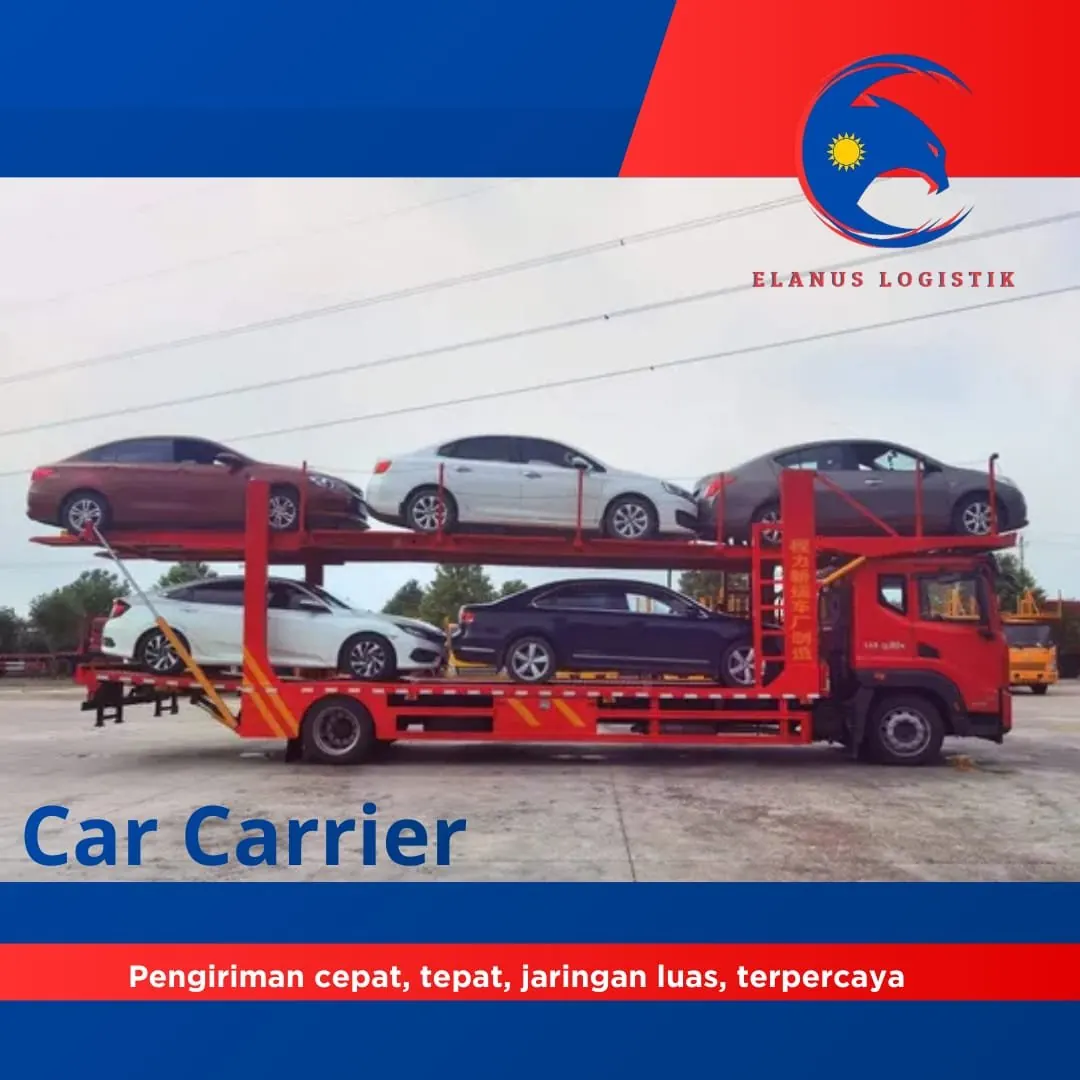 Car Carrier - Truck merah mengangkut mobil, layanan transportasi kendaraan ELANUS